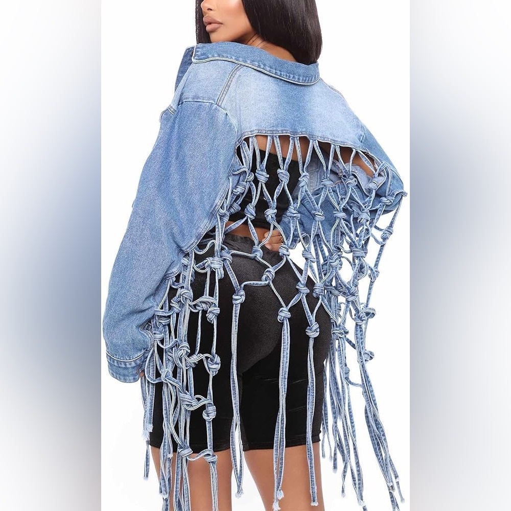 Cropped Denim Fringe Jean Jacket Back Hollow Out Knotted Tassel Distressed XXL